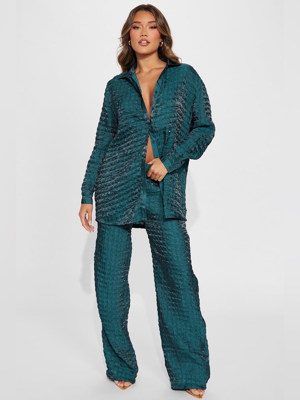 Textured Satin Pant Set - Teal
